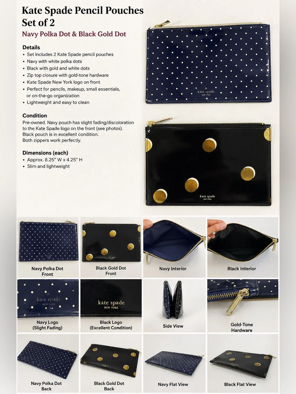 kate spade Navy & Black Polka Dot Zip Pencil Pouches
